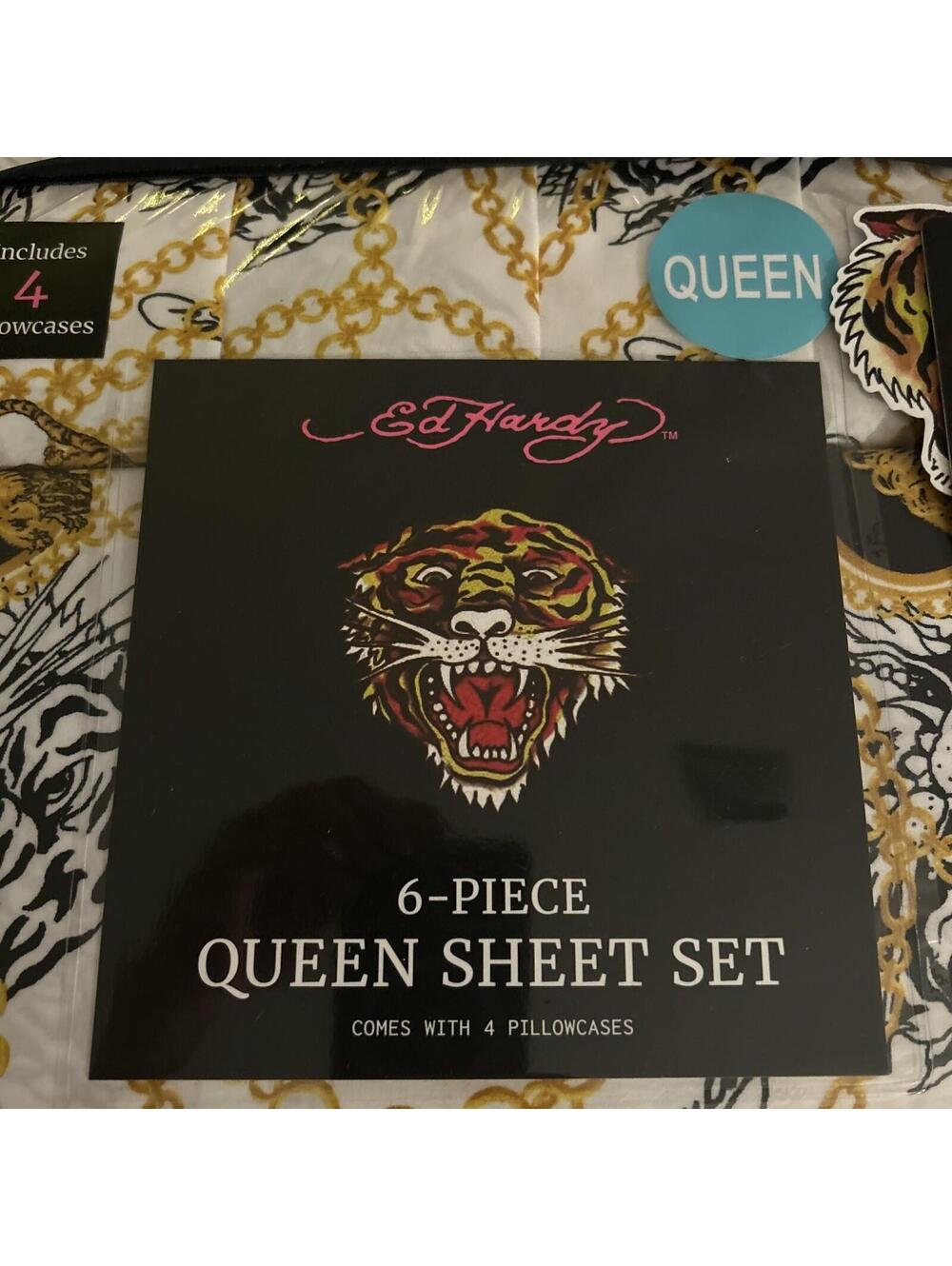 Ed Hardy White, black, Gold  Sheet Set QUEEN Tigers  Chains w/4 Pillowcases NEW! - Picture 2 of 9